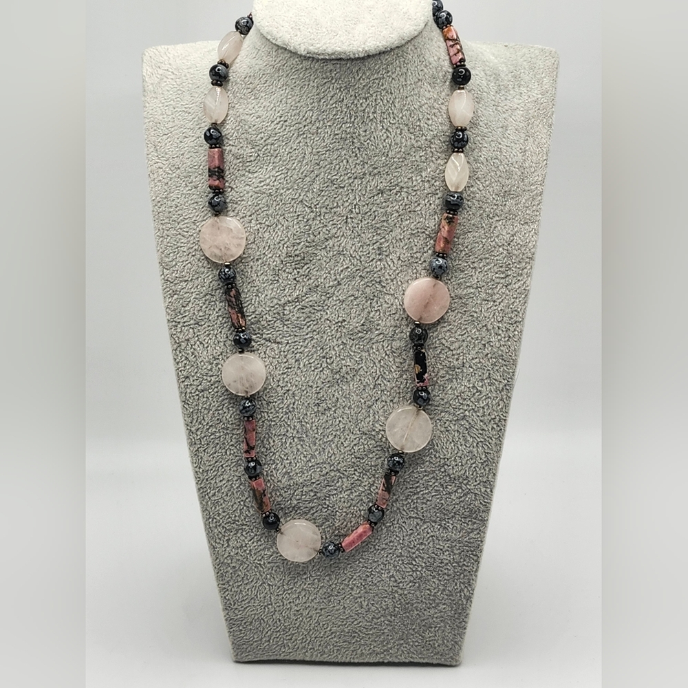 BEAUTIFUL sterling silver Rhodonite, snowflake jasper & rose quartz necklace!